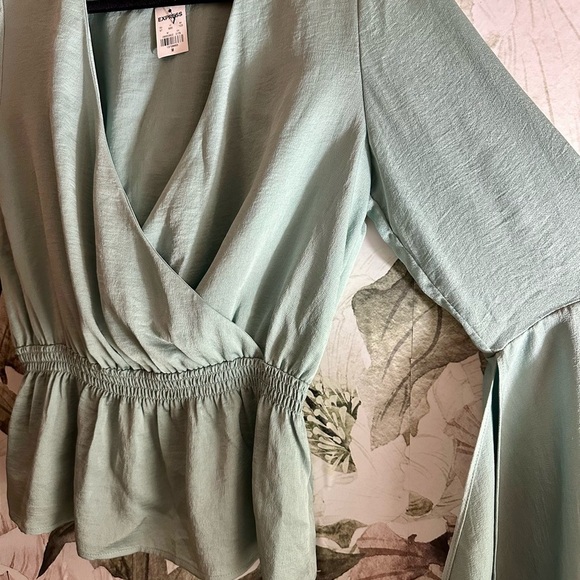 Express Sea-foam Green Wrap Blouse with Bell Sleeves - Picture 4 of 5